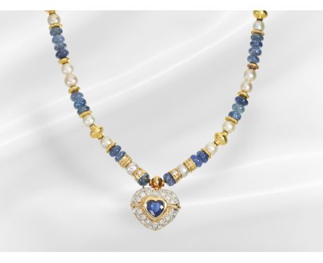 Kette/Collier: Hochwertiges vintage Saphir/ Brillantcollier, 18K Gold: Ca. 40cm lang, ca. 21g, 18K Gold, linsenförmige Saphir
