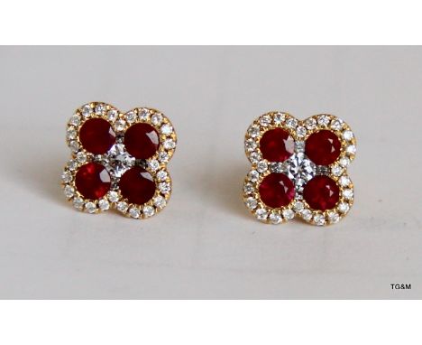 18Ct Yellow Gold Ruby And Diamond Earrings 1.4Ct Total Weight