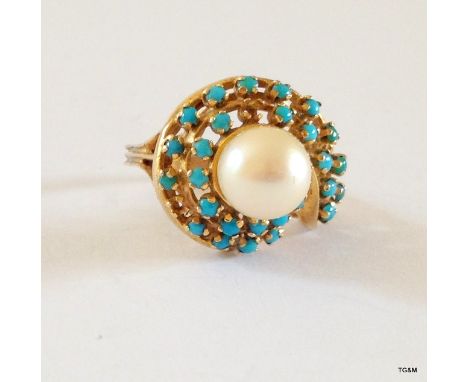 A 9ct gold turquoise/pearl ring size I