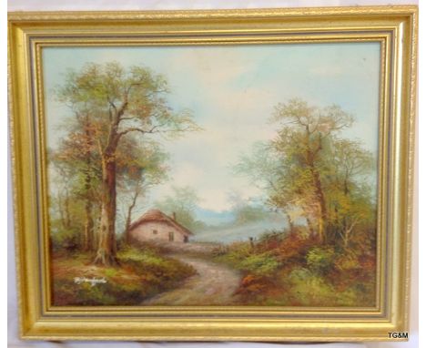 An oil on canvas signed R Danford of a woodland scene 60 x 50