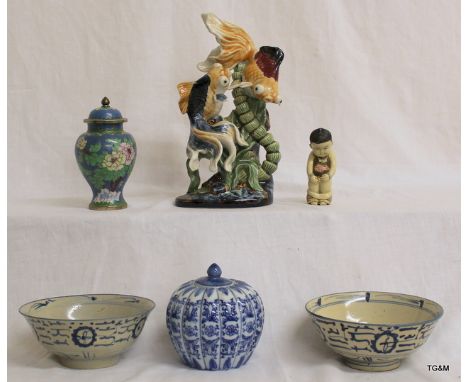 An Oriental Cloisonné Lidded Pot, Two Blue & White Bowls, A Ceramic Koi Carp, A Ginger Jar And A Resin Figure