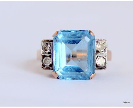 Yellow Gold Art Deco Ring With Central Blue Topaz And Diamond Shoulders