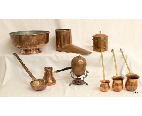 Georgian Copper Bootwarmer, Spirit Measuring Jugs, Hand Beaten Bowl And Ladle, A Tobacco Jar And An Egg Coddler.