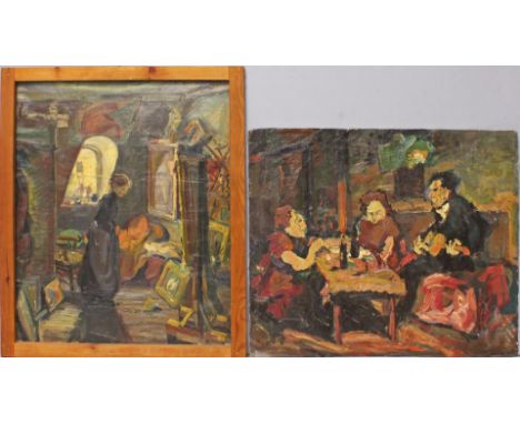 Dannemann, Karl (1896 Bremen - Werder 1945) Zwei Arbeiten: "Am Morgen", so verso betitelt bzw. Personen am Tisch. Öl/Lwd. (st