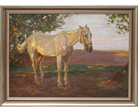 Seyler, Julius (1873 München 1955) Landschaft mit Schimmel. Öl/Lwd., verso mehrfach sign., dat. 1906 und mit Etikett "Moderne