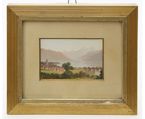 Miniaturist (Schweiz, 19. Jh.) Blick über Montreux am Genfersee. Öl/Platte, verso mit Hinweis auf Ansicht. 6x 9 cm. PP., R.