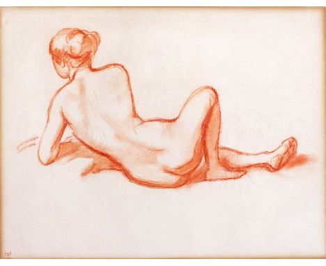 Hofmann, Ludwig von (1861 Darmstadt - Pillnitz 1945) Weiblicher Rückenakt. Rötelzeichnung/Papier (Ränder stark gebräunt), li.