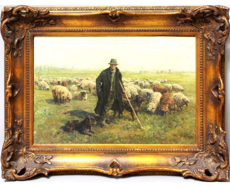 Wolf, Georg 1882 Düsseldorf - Uelzen 1962) Schäfer mit Herde und Hütehund. Öl/Lwd., re. u. sign., verso altes Christies' Vers