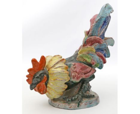 Hummel-König, Lilli (1901 Strassburg - Karlsruhe 1975) Hahnenskulptur. Majolika. Ziegelroter Scherben mit verschiedenfarbiger