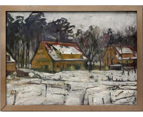 Ahrens, Max (1898 Hamburg - Mölln 1967) Verschneite Häuser am Waldrand. Öl/Holz (Farbabplatzungen), re. u. sign. 31x 45 cm. R