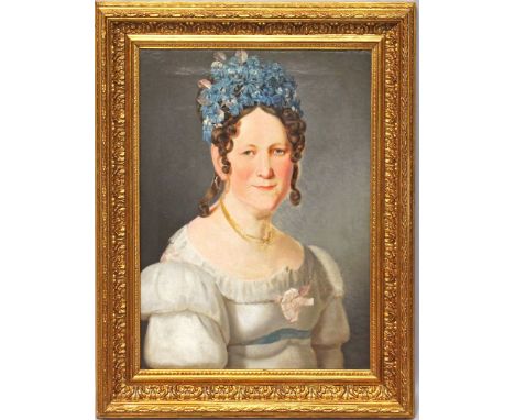 Portraitist (deutsch, um 1820-1840) Portrait einer Dame mit blauen Hyazinthen im Haar. Öl/Lwd. (Altersspuren). Ca. 35,5x 45 c