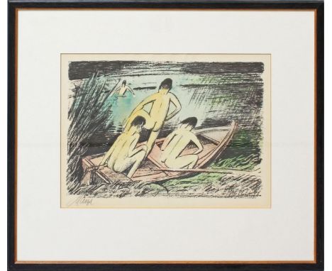 Maetzel, Emil (1877 Cuxhaven - Hamburg 1955) Badende Jungen. Aquarellierte Lithographie/Papier (gebräunt), re. u. im Stein si