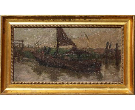Schneider-Didam, Wilhelm (1869 Lennestadt - Düsseldorf 1923) Kanallauf mit Segelboot. Öl/Lwd./Karton, verso mit Feder bez. "S