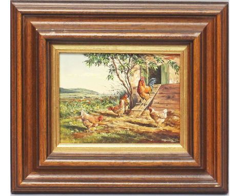 Fritzsching, Alfred (geb. 1935 Zorneding bei München) Hennen und Hahn vor der Scheune, vor weiter Landschaft. Öl/Lwd., auf Ho
