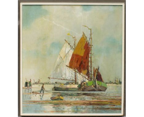 Dessert-Linz (Hamburger Raum, 20. Jh.) "Nach dem Fang", so verso betitelt. Öl/Lwd. (fleckig), re. u. sign. 65x 55 cm. R.