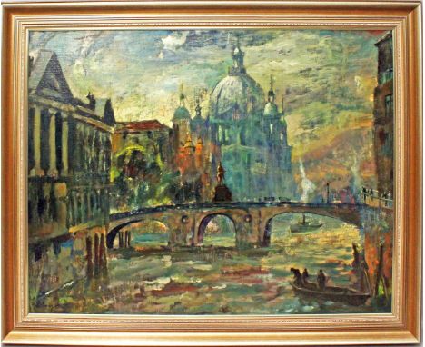 Hellwag, Prof. Rudolf (1867 Innsbruck - Berlin 1942) "Berlin, Kurfürstenbrücke und Dom", so verso auf Etikett betitelt. Öl/Lw