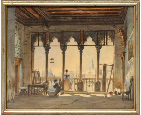 Werner, Carl Friedrich Heinrich (1808 Weimar - Leipzig 1894) Stimmungsvoller Ausblick aus einem Balkon mit zwei Mädchen auf d