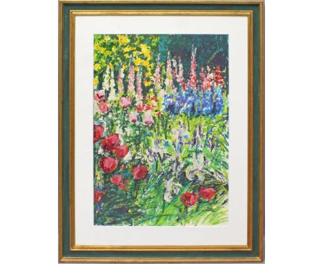Timm, Reinhold W. (1932 Stettin-Berlin 2001) Blühender Garten mit Rittersporn. Acryl/Platte, li. u. sign. und dat. (19)89. 71
