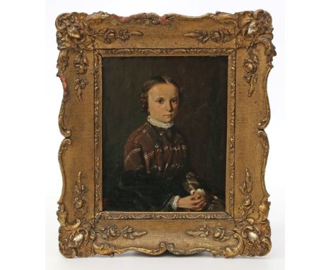 Portraitist (19. Jh.) Portrait eines sitzenden Mädchens mit braunem Haar. Öl/Karton. 16,5x 12,5 cm. Goldstuckrahmen (l. besch