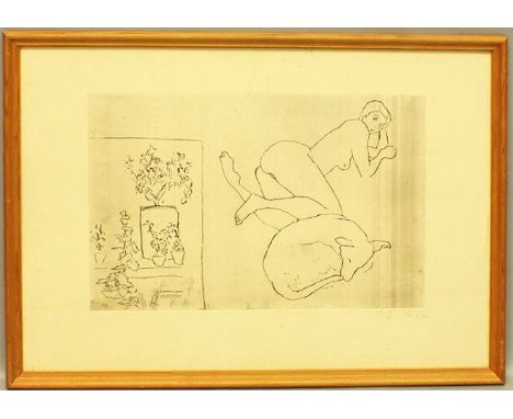 Lesser, Rudi (1902 Berlin 1988) a) Liegender Frauenakt neben schlafendem Hund. Radierung (min. fleckig und gebräunt), re. u. 