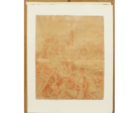 Unbekannter Künstler des Barock (17./18. Jh.) Kreuzigunggsdarstellung. Rötelzeichnung/Bütten (gebräunt). 48,5x 40 cm. PP., R.