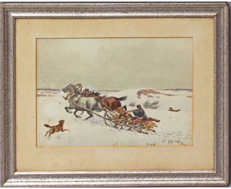 Kosinski, Kajetan (1847-1935) Die Schlittenfahrt. Aquarell/Papier (Altersspuren, vergilbt, l. stockfleckig), re. u. sign. Sic