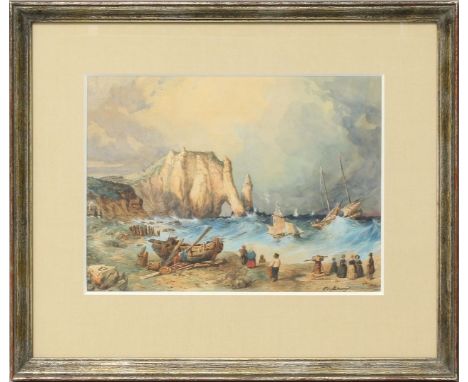 de Fontenay (19. Jh.) Schiffbrüchige an Ufer mit rauer See. Aquarell, re. u. sign. 23x 31,5 cm. PP., R.
