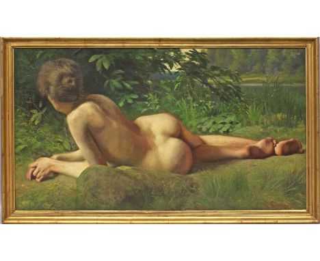 Strehmel, Reinhold (1870 Berlin 1945) An einem Seeufer liegender Frauenakt. Öl/Lwd., auf Karton aufgezogen (Retuschen), re. u