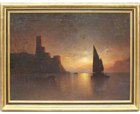 Köhnholz, Johann Wilhelm Julius (1839 Bremen 1925) Blick auf den Goethe-Turm bei Malcesine am Gardasee in der Morgendämmerung