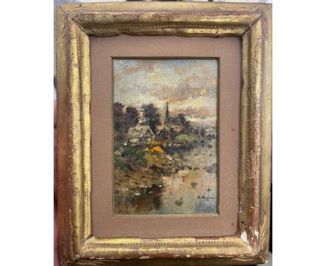 Heffner, Karl (1849 Würzburg- Berlin 1927) Miniatur einer Stadt an Flusslauf. Öl/Lwd./Karton, re. u. sign. 9,5x 6,5 cm. R.