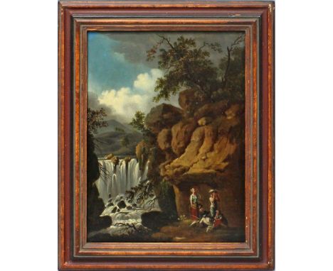 Unbekannter Maler (18. Jh.) Bauern an einem Wasserfall. Öl/Lwd. (doubliert, Craquelé). 40,5x 30,5 cm. R.