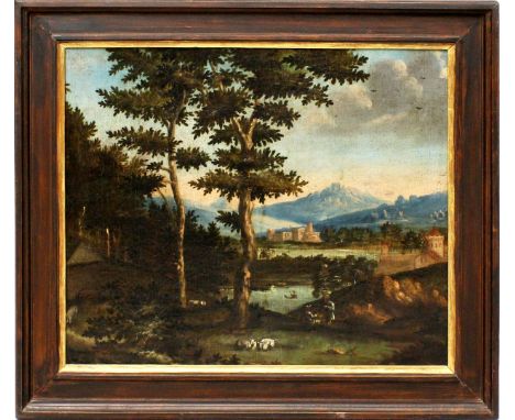 Unbekannter Maler des Barock (Italien, 17./18. Jh.) Weite Hügellandschaft mit Bauernvolk und Tieren. Öl/Lwd. (doubliert). 45x