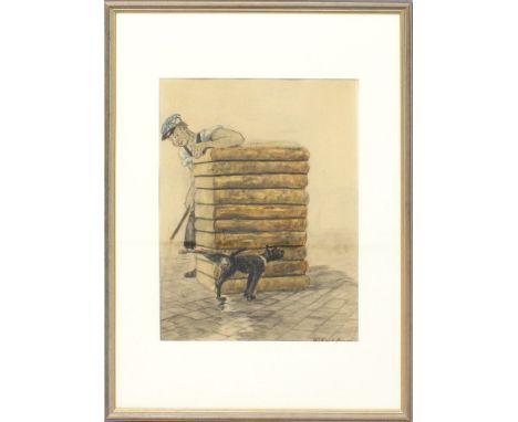 Bloos, Richard (1887 Brühl - Düsseldorf 1957) Darstellung eines urinierenden Hundes, von Arbeiter beobachtet. Aquarell/Bleist