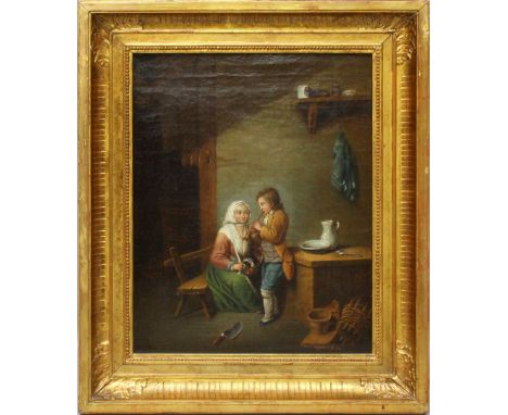 Dyckerhoff, Jacob Friedrich (1774 Mannheim 1845) Interieur mit Flöte spielendem Jungen und Mödchen mit Drehleier. Öl/Lwd. (do