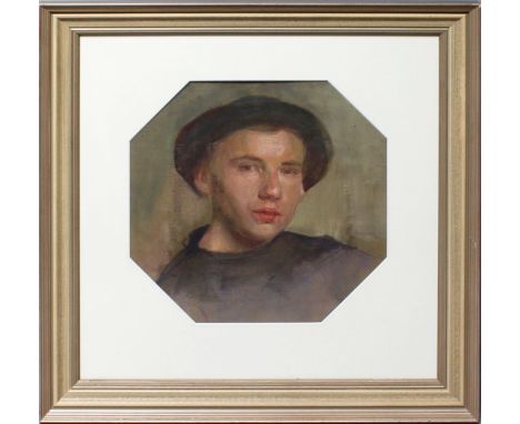 Thedy, Max  (1858 München - Polling 1924) "Kopf eines jungen Mannes mit Hut" (verso Teilstück einer Frauenstudie in Pastell).