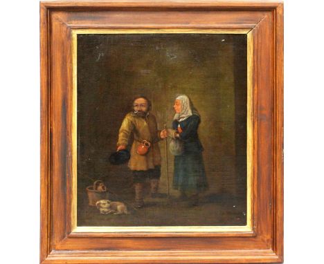 Unbekannter Maler des Barock (Holland, 18. Jh.) Bauernpaar mit Hund. Öl/Lwd. (rest.). 40x 34 cm. R.