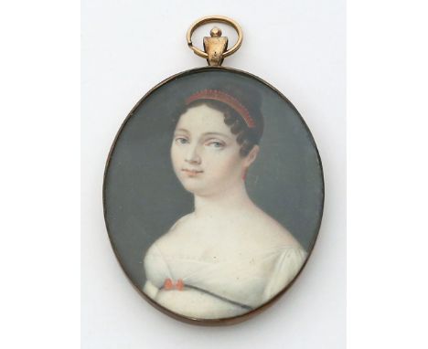 Miniaturist (französisch, um 1800) Bildnis einer jungen Dame im Chemisenkleid - vermutlich Anna Jouberthon. Gouache/Aquarell.