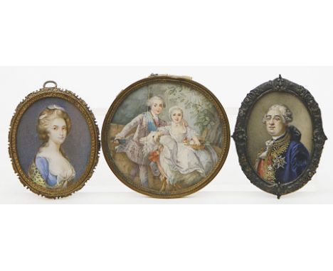 Miniaturisten (18./19. Jh.) Drei Miniaturen. Portrait einer jungen Dame mit hoch gesteckten Haaren, Kinderpaar mit Ziege und 