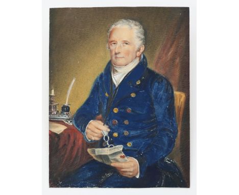 Miniaturist (deutsch, um 1800) Portrait eines Mannes im blauen Mantel, einen Brief lesend - vermutlich Maximilian Joseph Graf