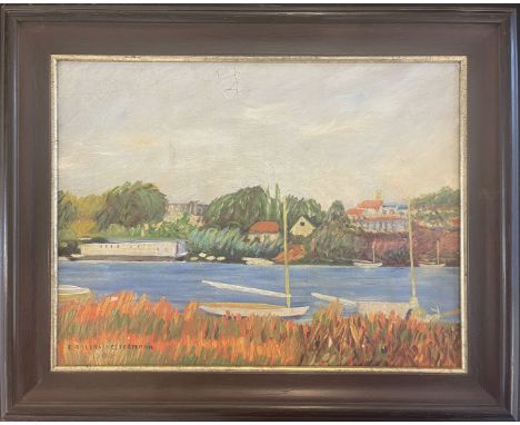 Ahlers-Hestermann, Friedrich (1883 Hamburg - Berlin  1973) "Landschaft an der Seine". Öl/Lwd. (Craquelé), auf Platte aufgezog