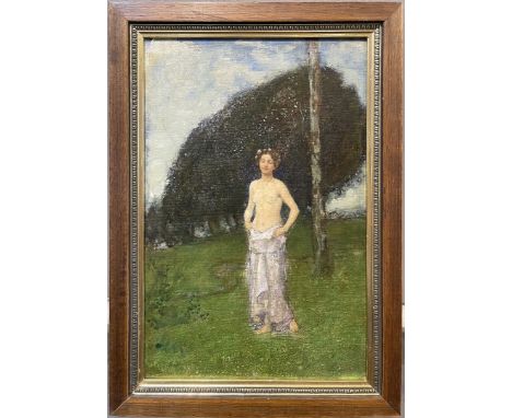 Volz, Wilhelm (1855 Karlsruhe - München 1901) Jugendstil-Darstellung einer Nymphe in Landschaft. Öl auf Münchener Leinwand-Ma