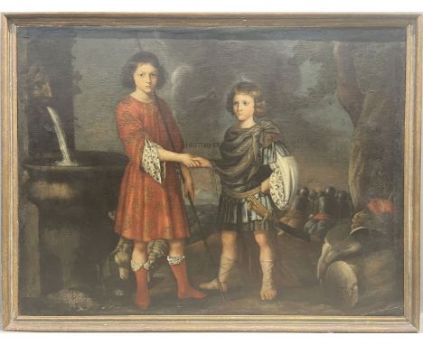Unbekannter Maler des Barock (17./18. Jh.) Großformatige Darstellung zweier Kinder als Hirte bzw. Feldherr "MUTUA FIDES" (geg