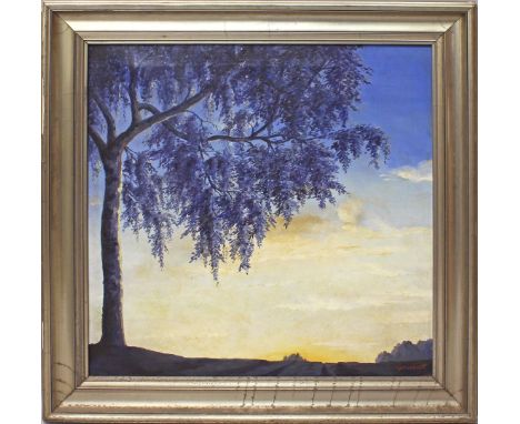 Siegwardt, K. (um 1933) Weidenbaum bei Sonnenuntergang. Öl/Lwd. (l. Altersspuren, fleckig), re. u. sowie verso sign., dat. 19