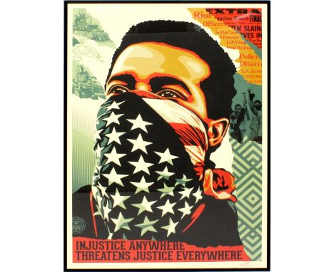Fairey, Shepard "Obey" (geb. 1970 Charleston) "IN JUSTICE ANYWHERE", so im Druck betitelt. Siebdruck/Papier, re. u. mit Bleis