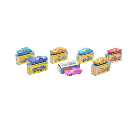 Lesney Matchbox Superfast die-cast model vehicles, seven including ref. 5 Lotus Europa, pink body, cut box; no.14 ISO Grifo, 