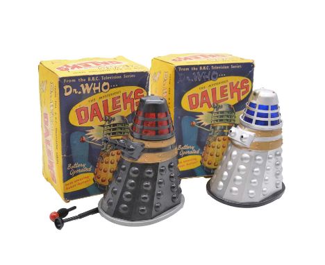 Louis Marx Dalek models, 1964, two including Black dalek, with both weapons and eye, damage to eye stalk and plunger; grey da
