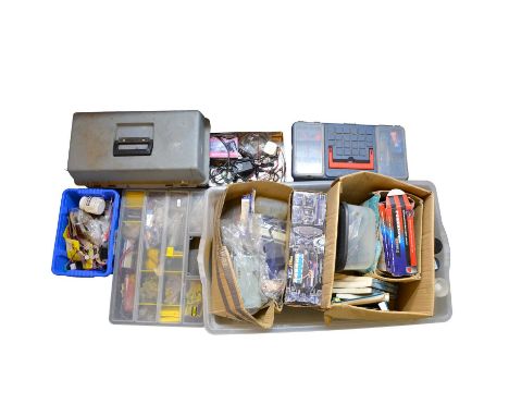 A collection of modelling equipment, including paints, Powertorque engine starter, wiring, servos, tools, etc.Condition repor