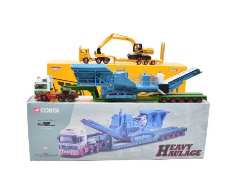 Corgi die-cast model haulers, two including ref. CC11914 ERF Nooteboom step frame trailer &amp; JCB JS220 Excavator; ref. CC1