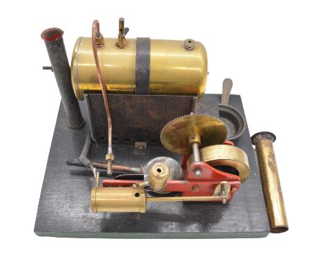 Horizontal live steam engine, possibly Bowman, mounted on wooden board (a.f.)