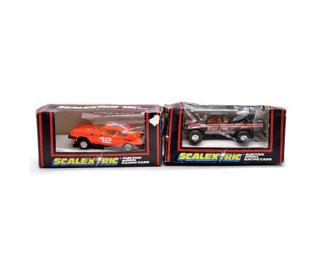 Scalextric slot cars, seven including ref. C326 Ford Capri, orange body with no.12; ref. C343 Nissan King Cab Highwayman; ref